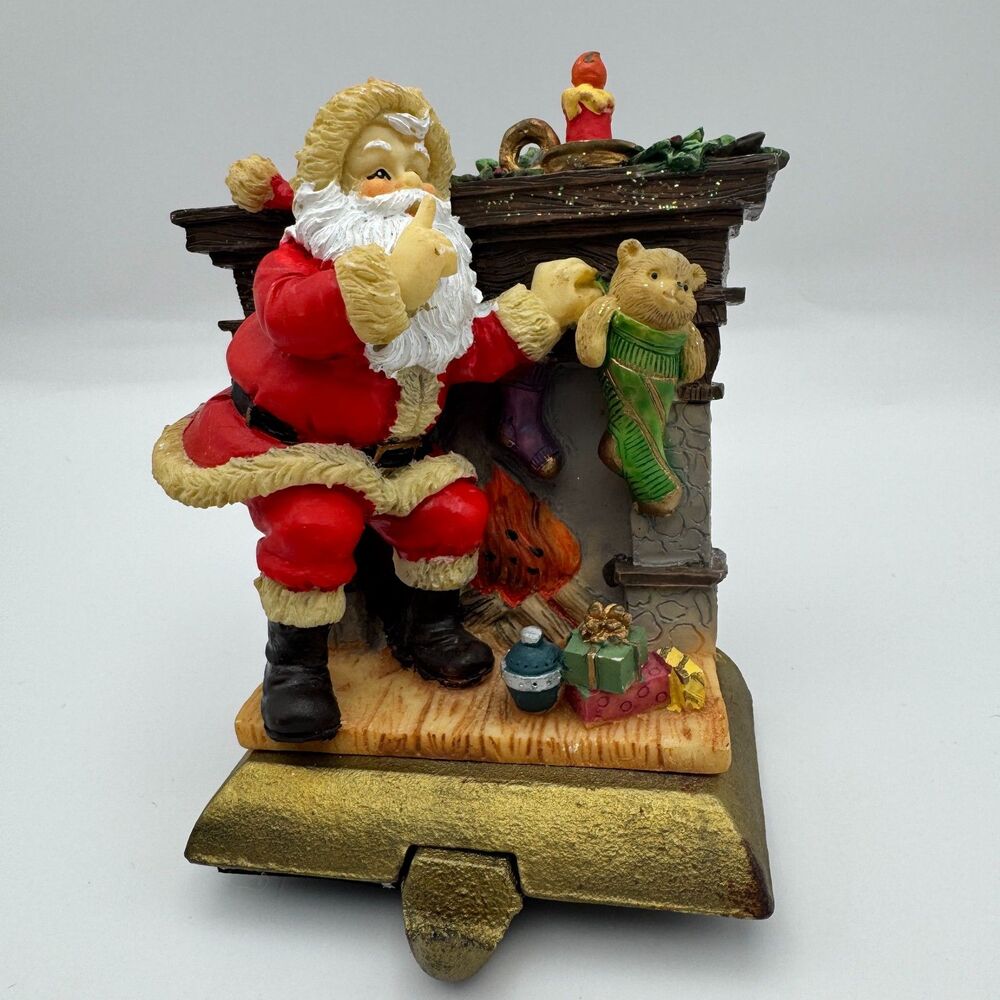 Vintage Resin Santa Fireplace Stocking Holder Teddy Bear Weighted Base